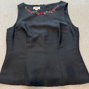 TALBOTS Petites Women's  100% Silk Black Tank with embroidered floral design 14